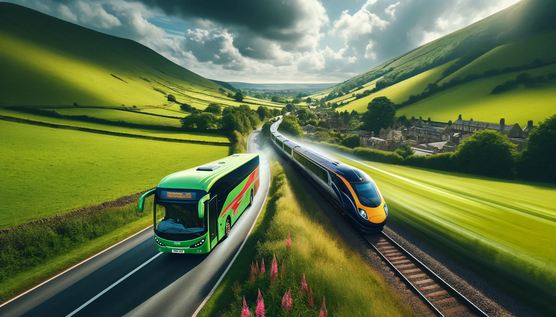 An illustration of a modern bus and a sleek train racing side-by-side through a scenic English countryside, featuring rolling green hills and traditional flora. The bus travels on a winding road while the train speeds along a parallel railway track.